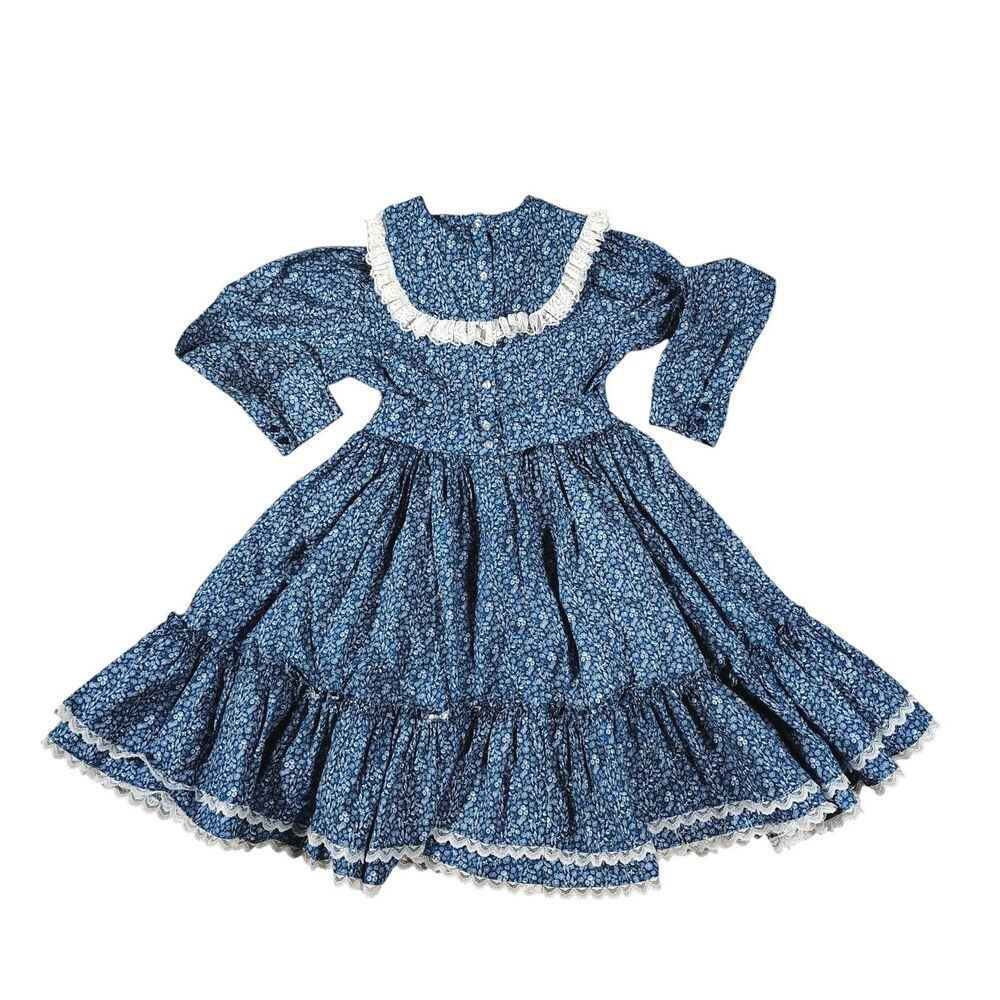 Vtg Mini World Prairie Dress Size 8 Blue Ditsy Floral Ruffle Lace Cottage Utah - Picture 2 of 11